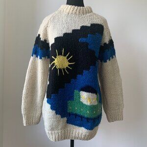 Vintage Oversized Cream Wool Sweater with Landscape Design - Size Large